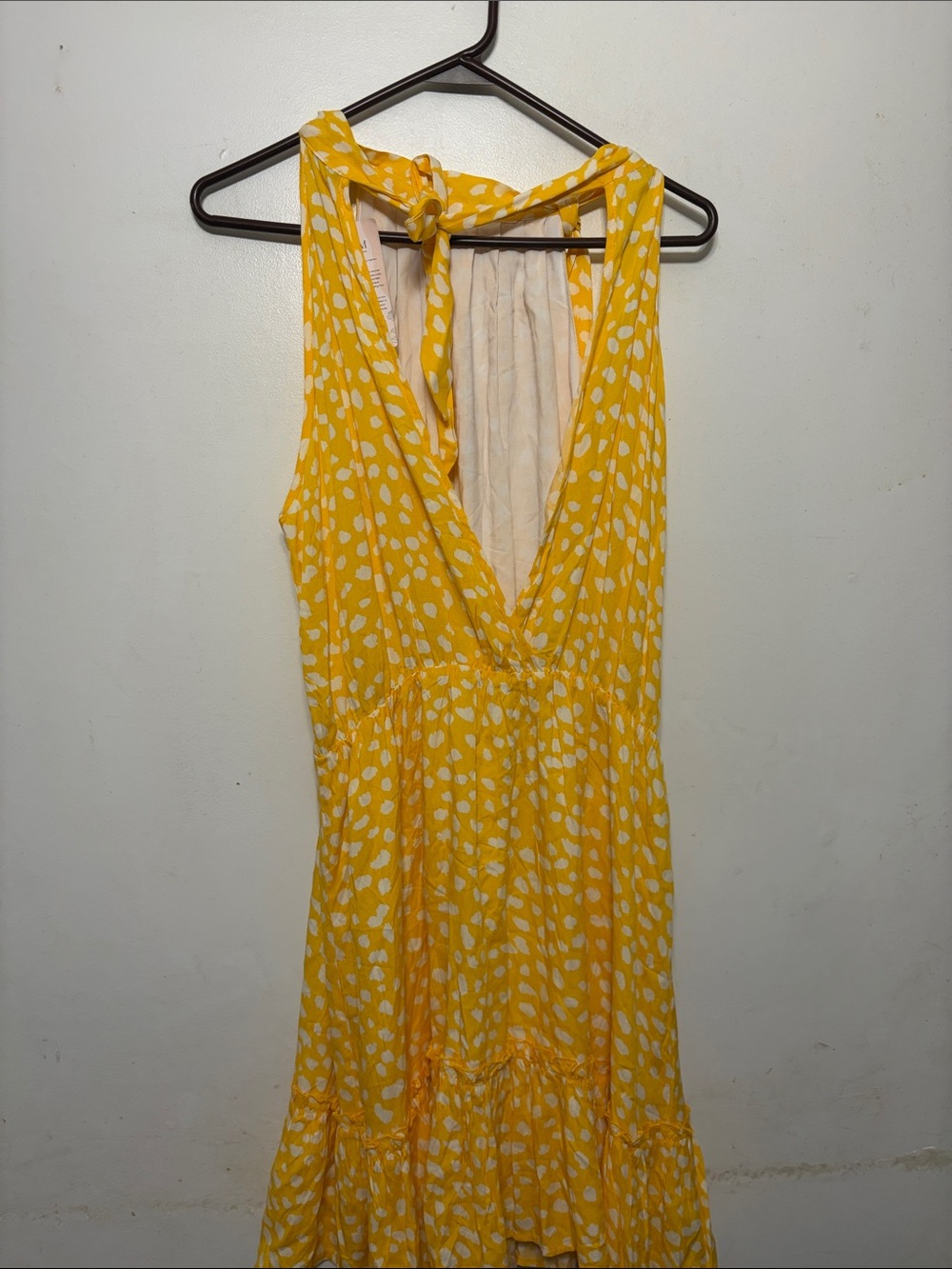 Bright Yellow Polka Dot Midi Dress with V-Neck Tie Back